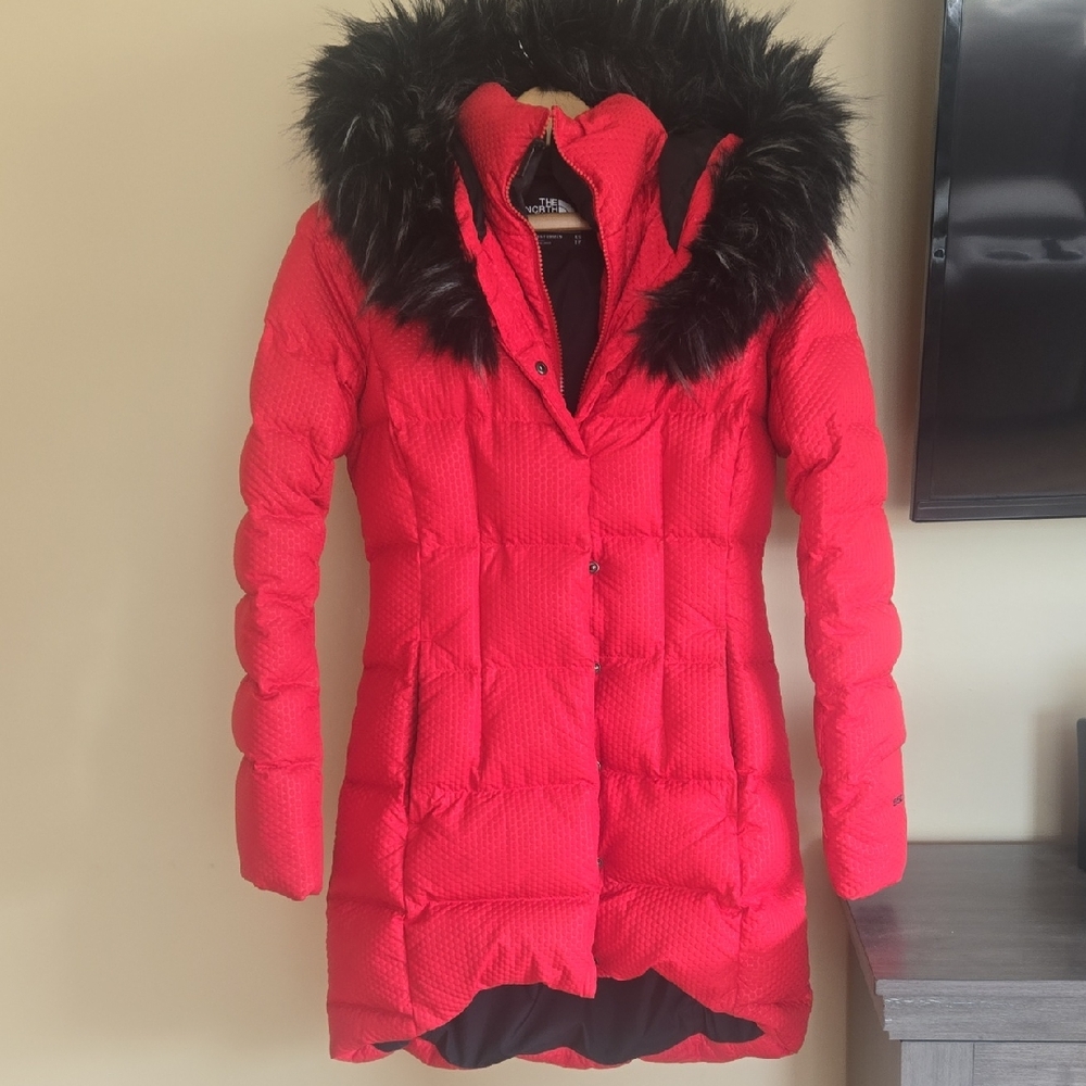 The North Face Red Puffer Jacket with Black Faux Fur